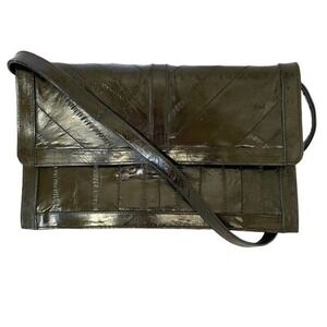 Vintage Eel Skin Black Leather Shoulder Bag Envelope Clutch Purse
